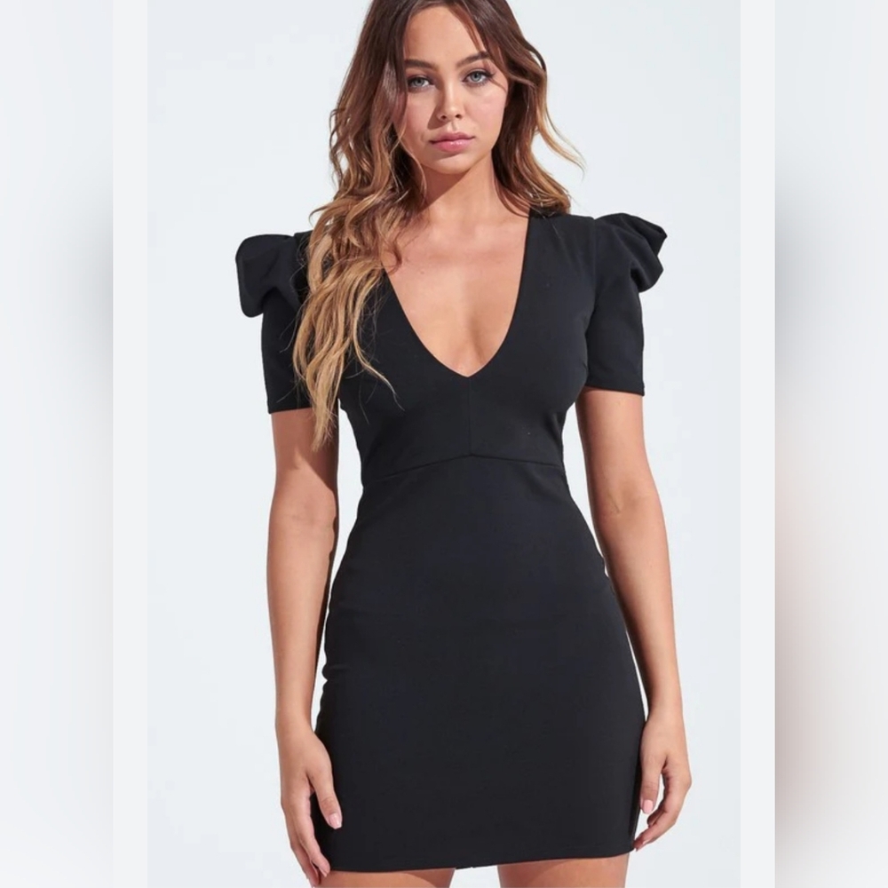 Blue Blush Black V Neck Black Dress with Puffy Sleeves